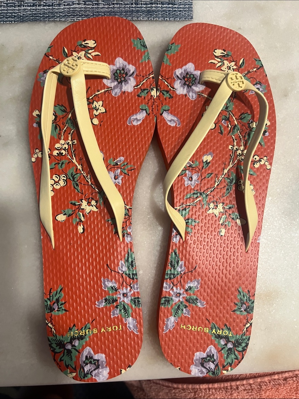 Tory Burch Coral Floral Flip Flop Sandals with Cream Straps